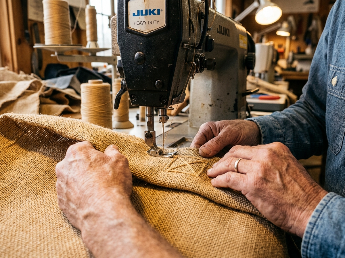 Artisan hands stitching natural jute burlap bag
